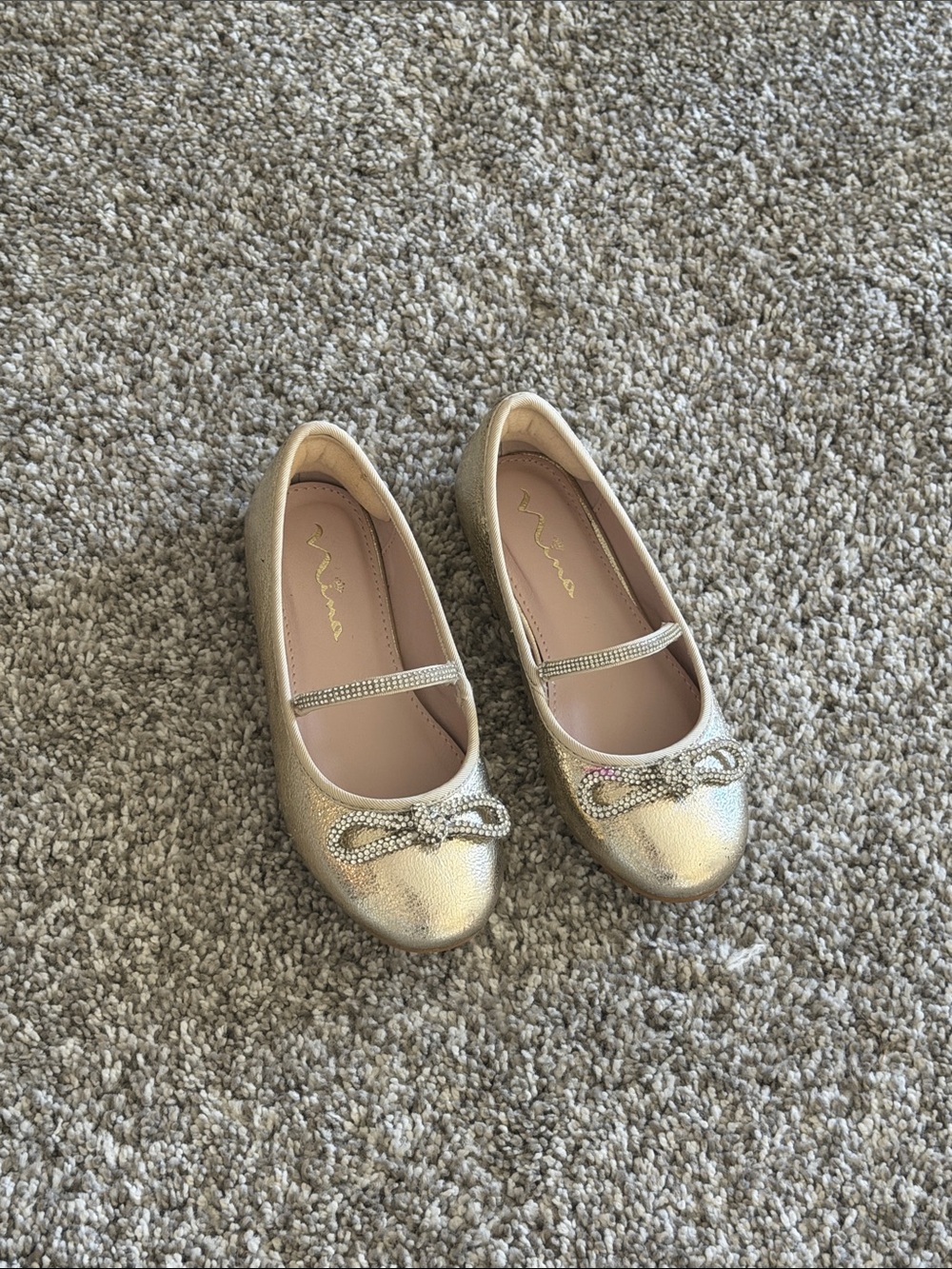 Nina Girls Metallic Gold Ballet Flats with Rhinestone Bow
